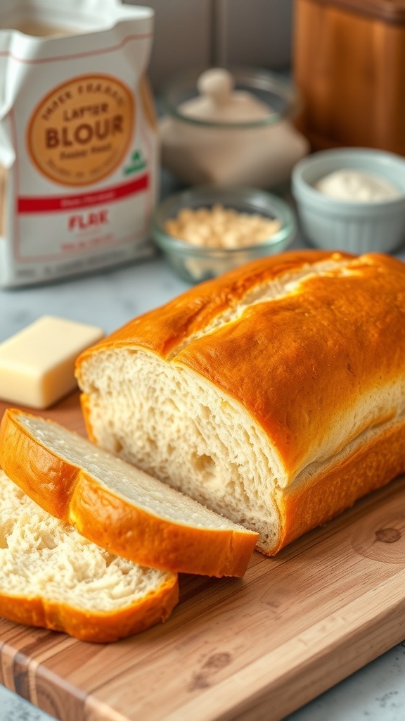 A loaf of homemade sandwich bread, sliced to show its soft texture, on a wooden cutting board.